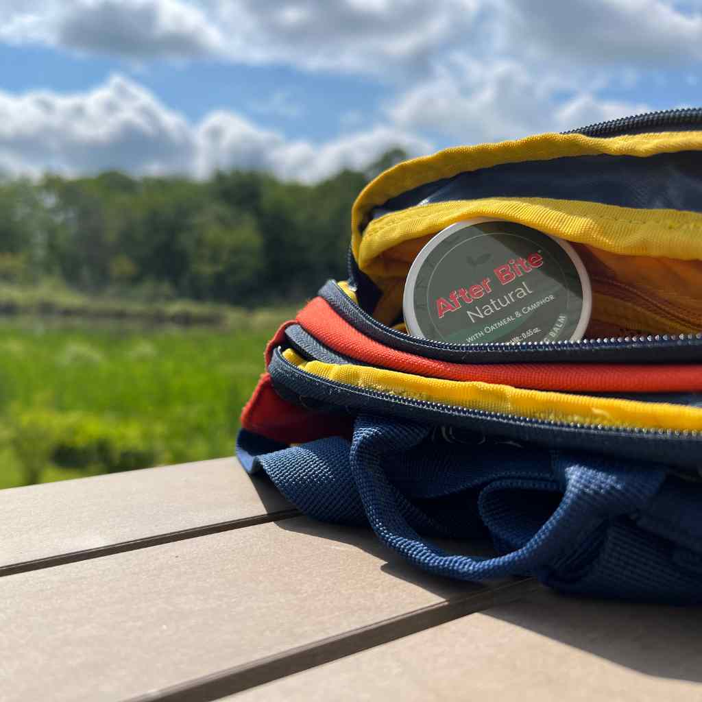 After Bite Natural tin posed in colorful backpack sitting on picnic table