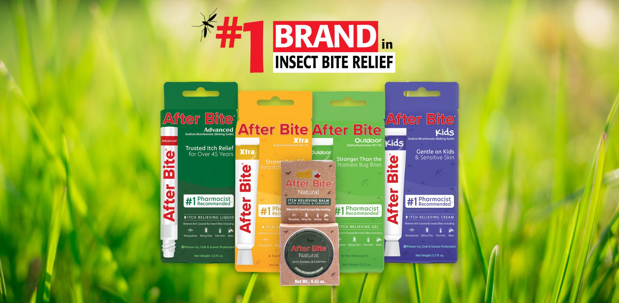 After Bite boxes in front of grass with #1 brand in insect bite relief text