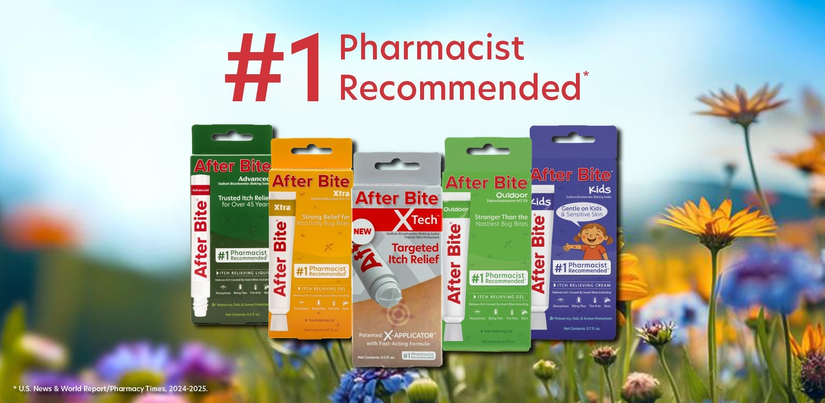 Website header featuring assorted After Bite products against a background of flowers in a meadow.  Text reads: #1 Pharmacist Recommended*   *U.S. News & World Report/Pharmacy times, 2024-2025.